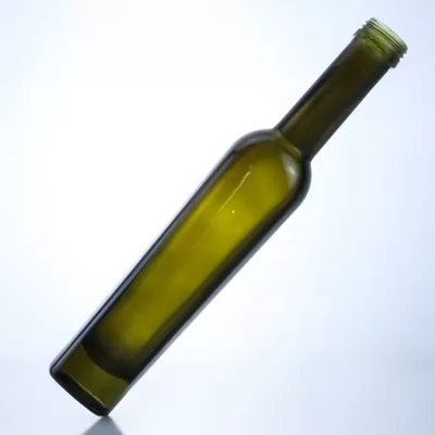375 ml dark green olive oil glass bottle, acid-etched surface treatment, with a relatively high color